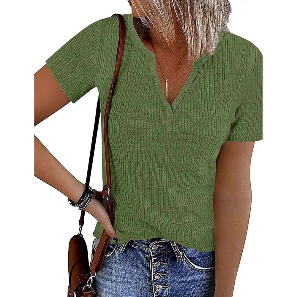 Short Sleeve V Neck Top Women Stylish Casual Elegant Pure Color Rib Knit Shirt Blouse for Holiday Party Green XL