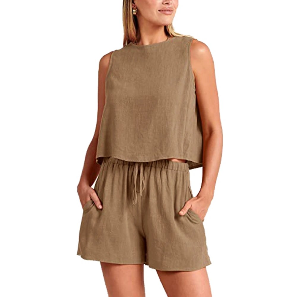 Women Summer 2 Piece Outfits Shorts Set Sleeveless Top Tank High Waisted Shorts Khaki M