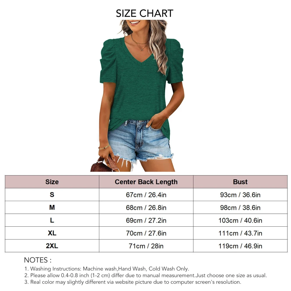 Women Short Sleeve V Neck Top Fashionable Loose Casual Plain Color Puff Sleeve Shirt Blouse for Office Green XXL