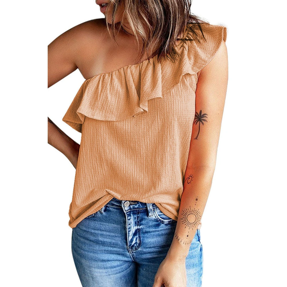 Women One Shoulder Sleeveless Blouse Ruffle Trim Elegant Pure Color Casual Summer Tee Shirt Orange S