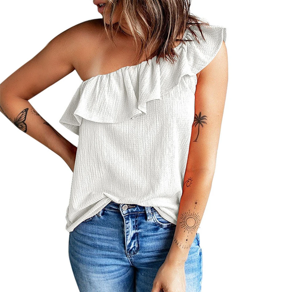 Women One Shoulder Sleeveless Blouse Ruffle Trim Elegant Pure Color Casual Summer Tee Shirt White M