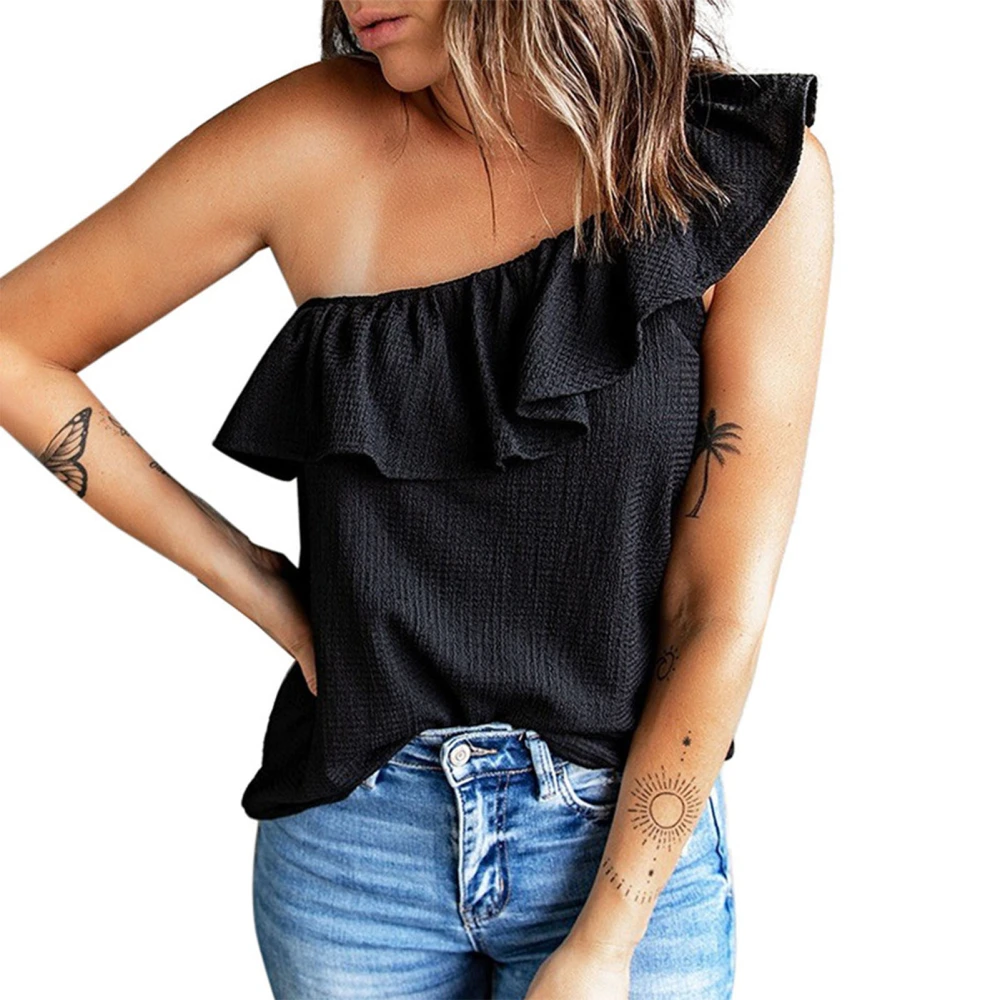 Women One Shoulder Sleeveless Blouse Ruffle Trim Elegant Pure Color Casual Summer Tee Shirt Black XXL