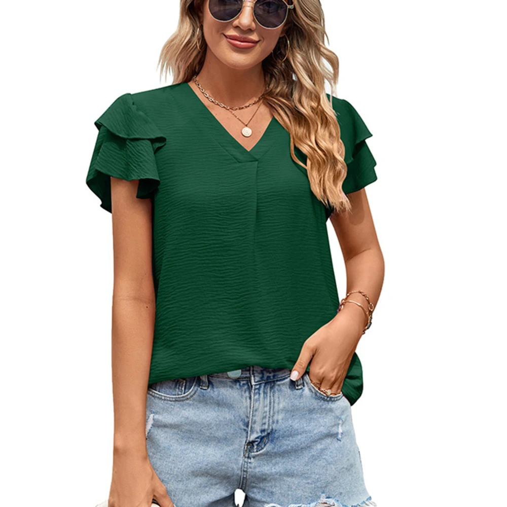 Women Short Sleeve T Shirt V Neck Ruffle Sleeve Casual Comfortable Summer Top for Everyday Wear Green L