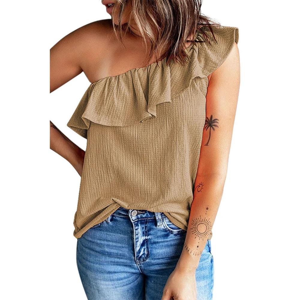 Women One Shoulder Sleeveless Blouse Ruffle Trim Elegant Pure Color Casual Summer Tee Shirt Khaki XXL