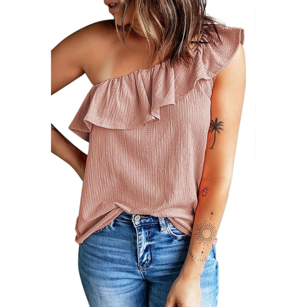 Women One Shoulder Sleeveless Blouse Ruffle Trim Elegant Pure Color Casual Summer Tee Shirt Pink L