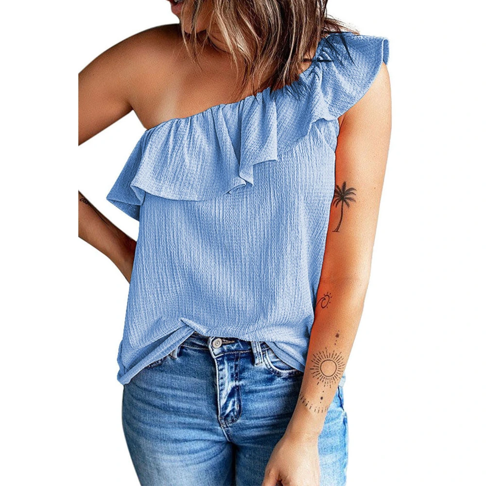 Women One Shoulder Sleeveless Blouse Ruffle Trim Elegant Pure Color Casual Summer Tee Shirt Sky Blue L