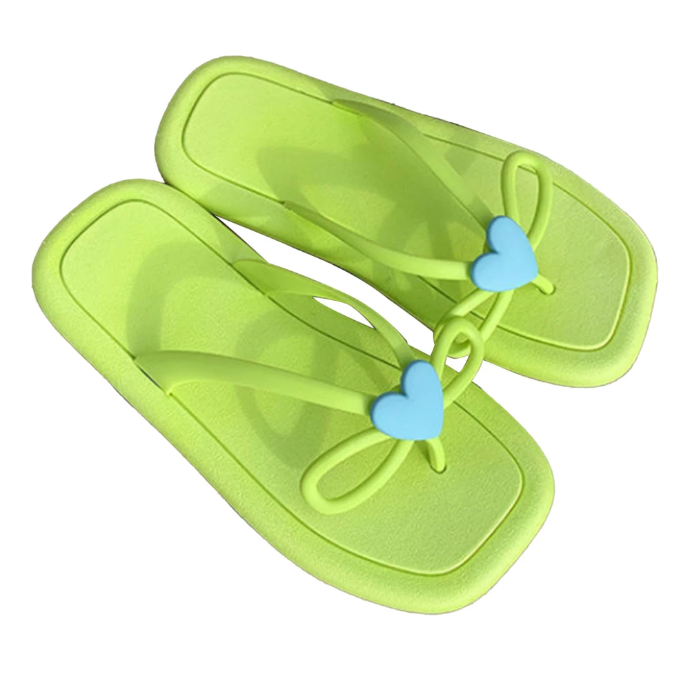 2PCS Flip Flop PVC Heart Pattern Casual Fashionable Elegant Beach Sandals for Women Girls Fluorescent Green 36‑37 (Fit for 35‑36 Feet)