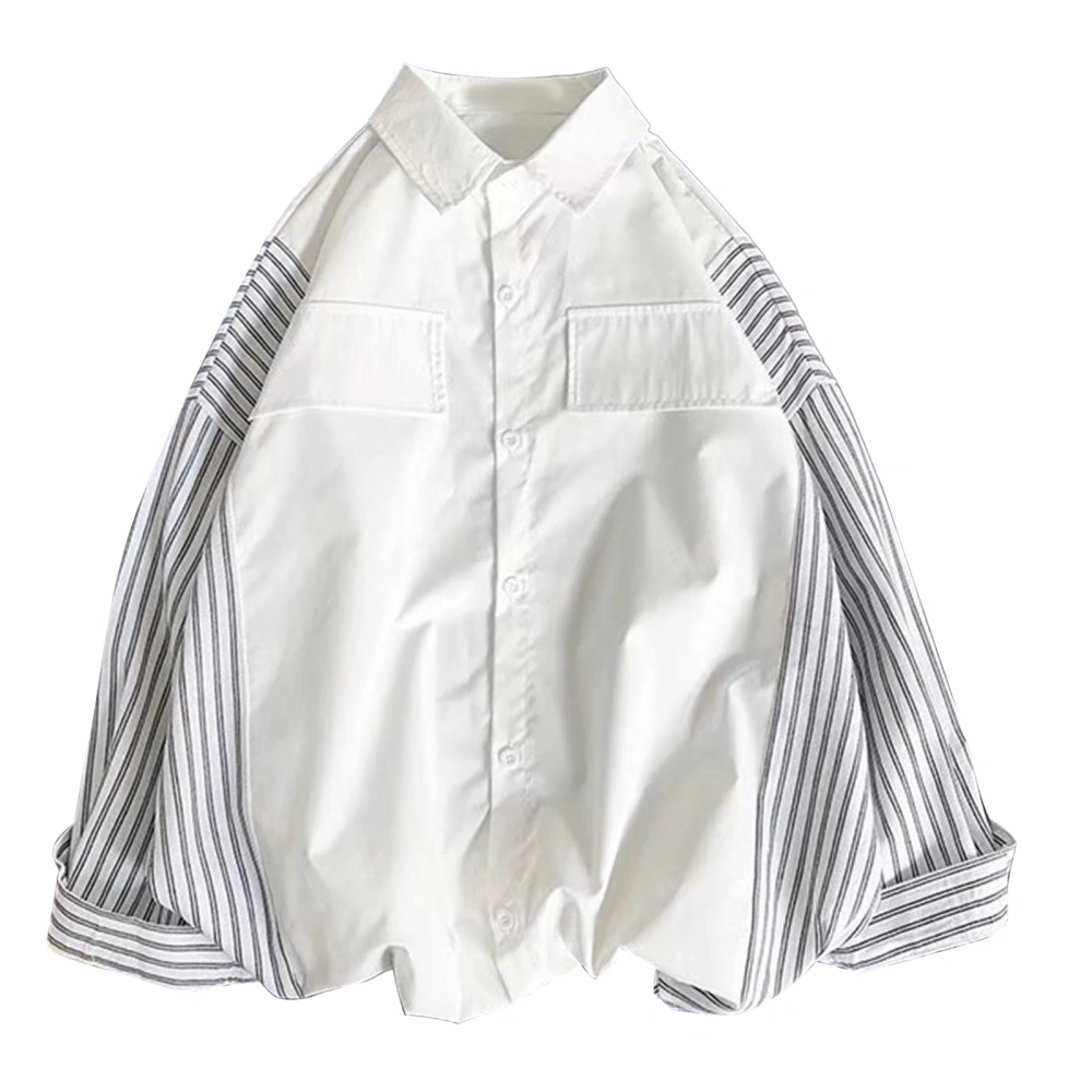 Men Regular Fit Long Striped Shirt Single Breasted Turn Down Collar Loose Fitting Casual Fall Shirt White L