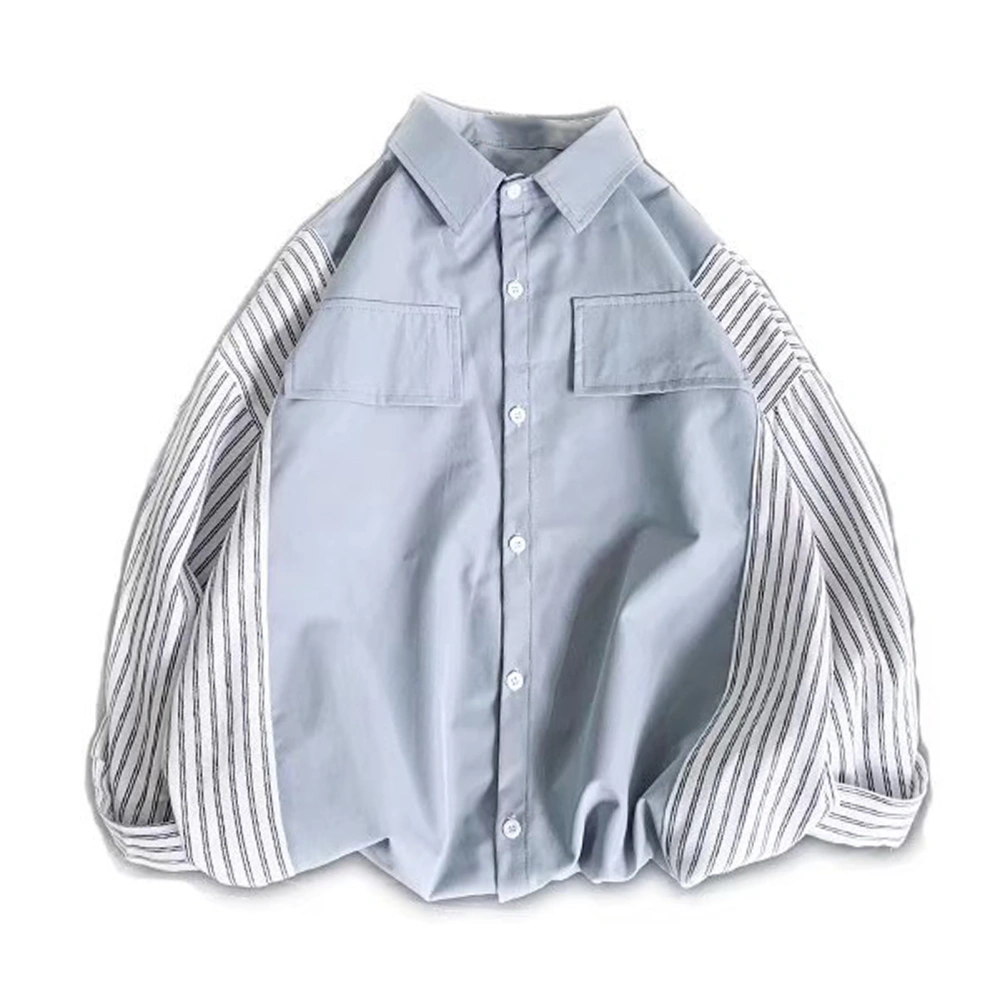 Men Regular Fit Long Striped Shirt Single Breasted Turn Down Collar Loose Fitting Casual Fall Shirt Blue L