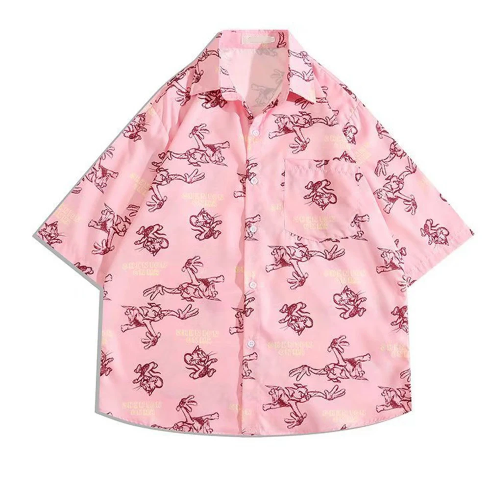 Men Cartoon Print Short Sleeve Shirt Summer Loose Casual Turn Down Collar Button Up Top for Beach Pink L