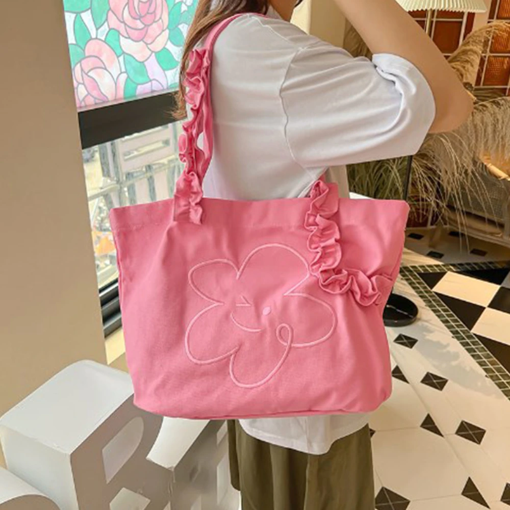 Lace Shoulder Tote Lace Canvas Tote Bag Women Smiling Face Ruched Lace Canvas Bag Floral Embroidery Tote Pink Free Size