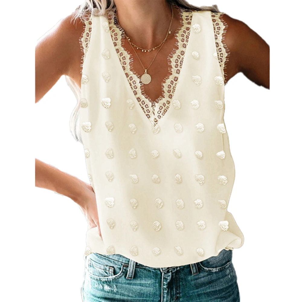 Women Lace V Neck Tank Tops Summer Fashion Dot Jacquard Women Summer Sleeveless Blouse Top for Daily Date Travel Party Apricot XXL