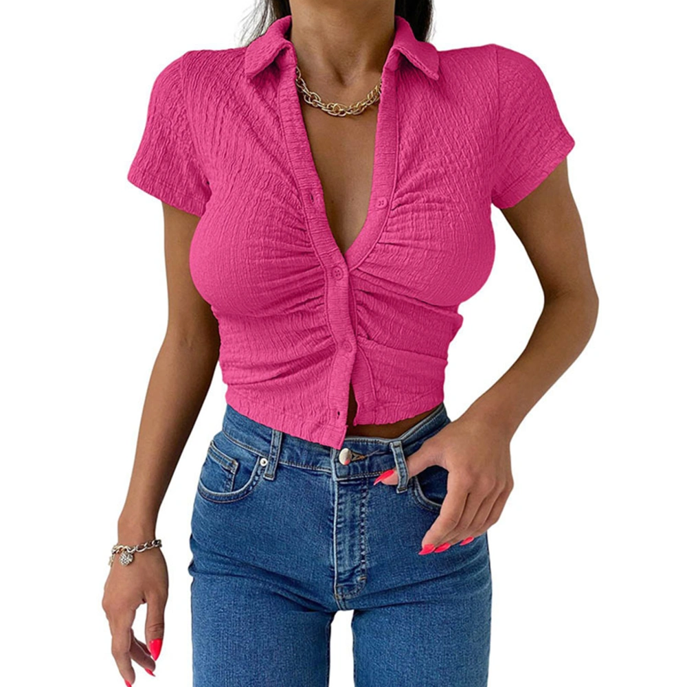 Women Short Sleeve Tight Slim Design Lapel Button Up Fashionable Top for Office Dating Party Shopping Rose Red S