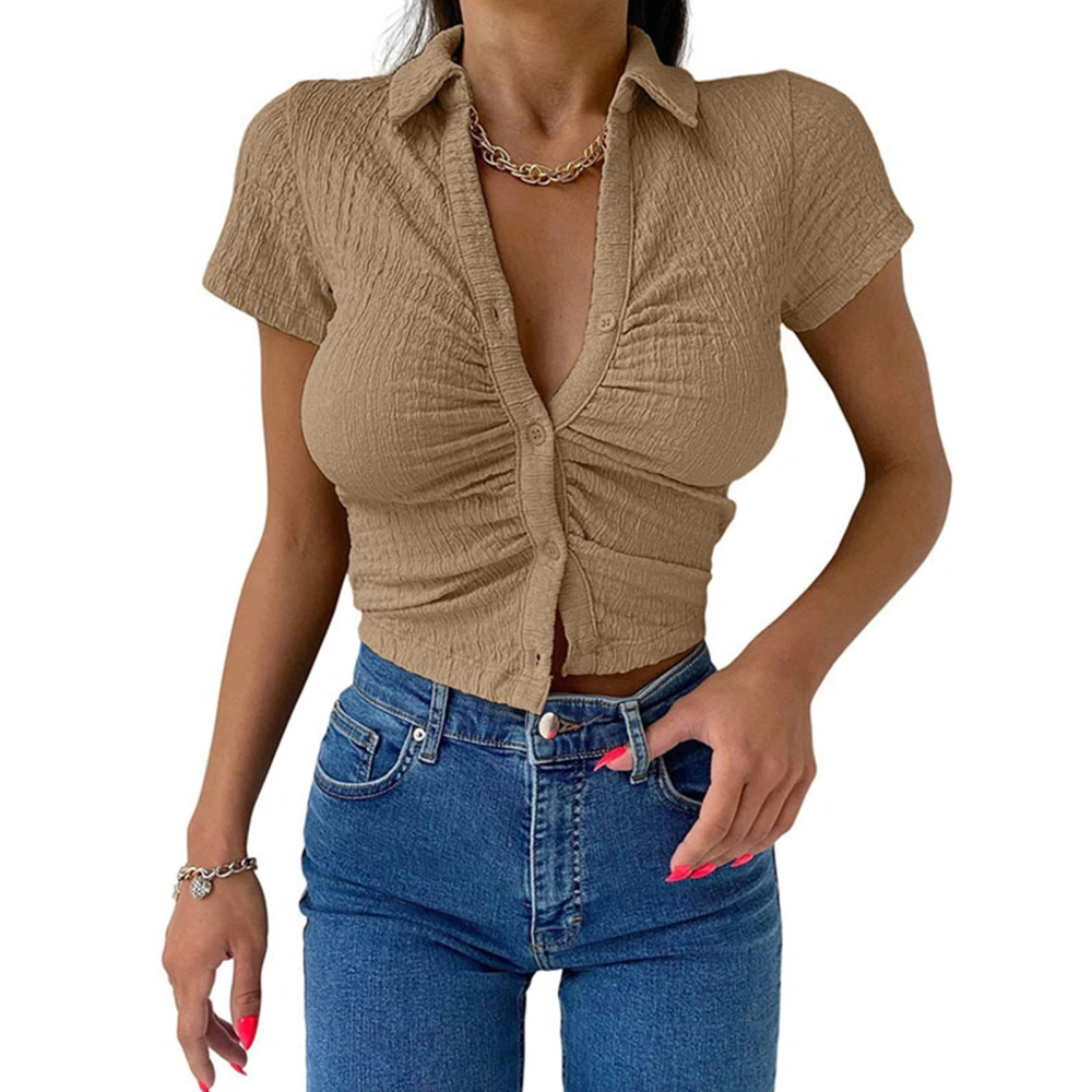 Women Short Sleeve Tight Slim Design Lapel Button Up Fashionable Top for Office Dating Party Shopping Khaki XXL