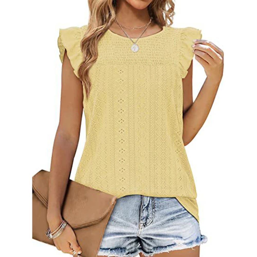 Women Ruffle Sleeve Top Round Neck Stylish Breathable Summer T Shirt Blouse for Everyday Wear Yellow M