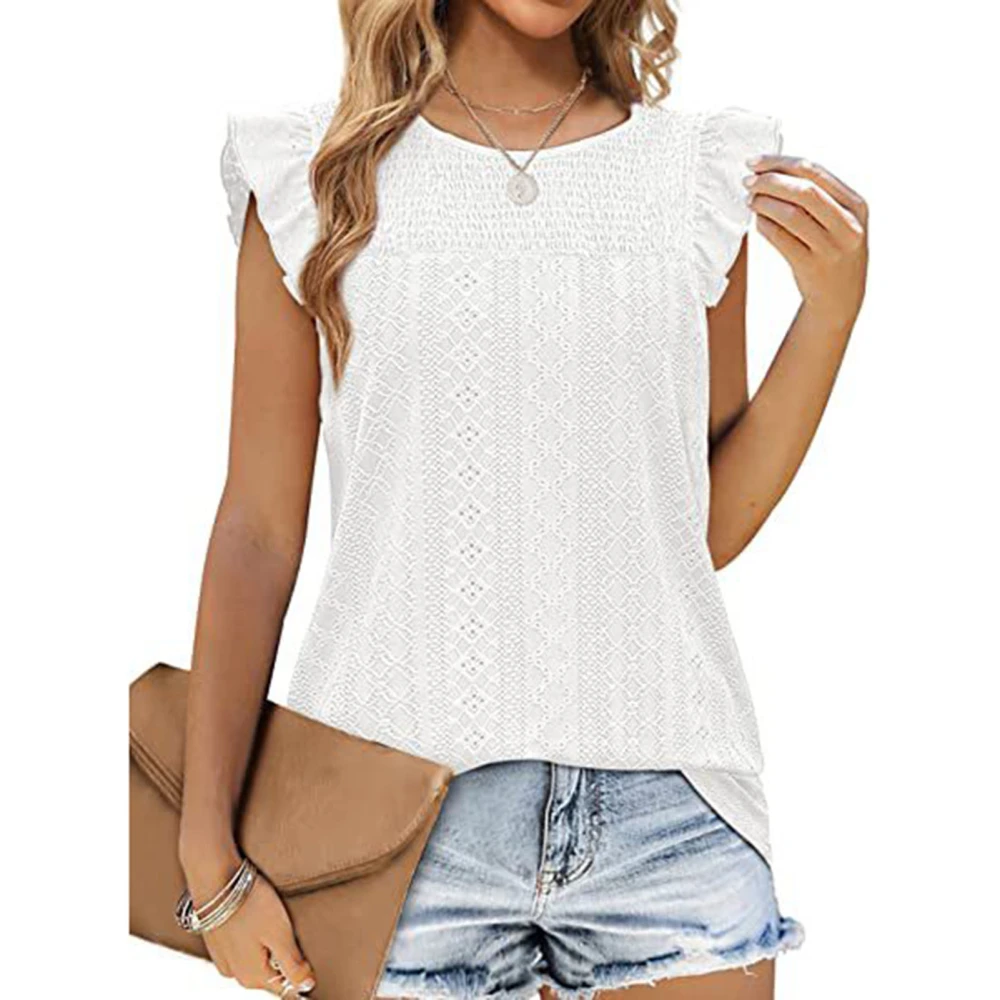 Women Ruffle Sleeve Top Round Neck Stylish Breathable Summer T Shirt Blouse for Everyday Wear White S