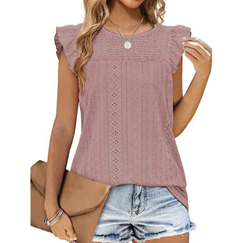 Women Ruffle Sleeve Top Round Neck Stylish Breathable Summer T Shirt Blouse for Everyday Wear Dusty Pink L