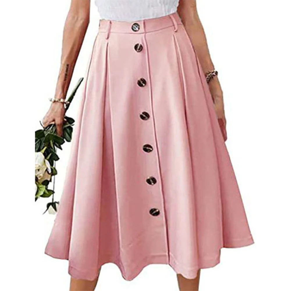 Pleated Long Skirt High Waisted Front Buttons Pure Color Pleated Skirt for Women Lady Dating Pink XL