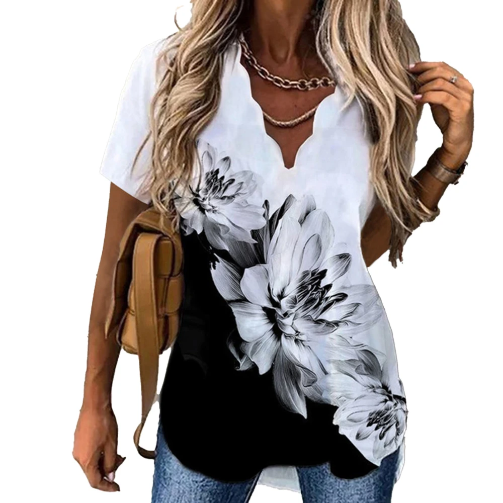 Women V Neck Top Short Sleeves Loose Fitting Beautiful Printing Casual Summer T Shirts Black Flowers XL