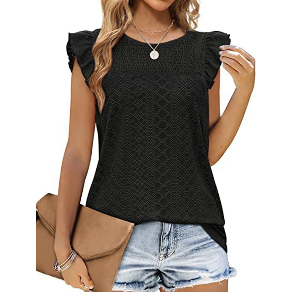 Women Ruffle Sleeve Top Round Neck Stylish Breathable Summer T Shirt Blouse for Everyday Wear Black XL