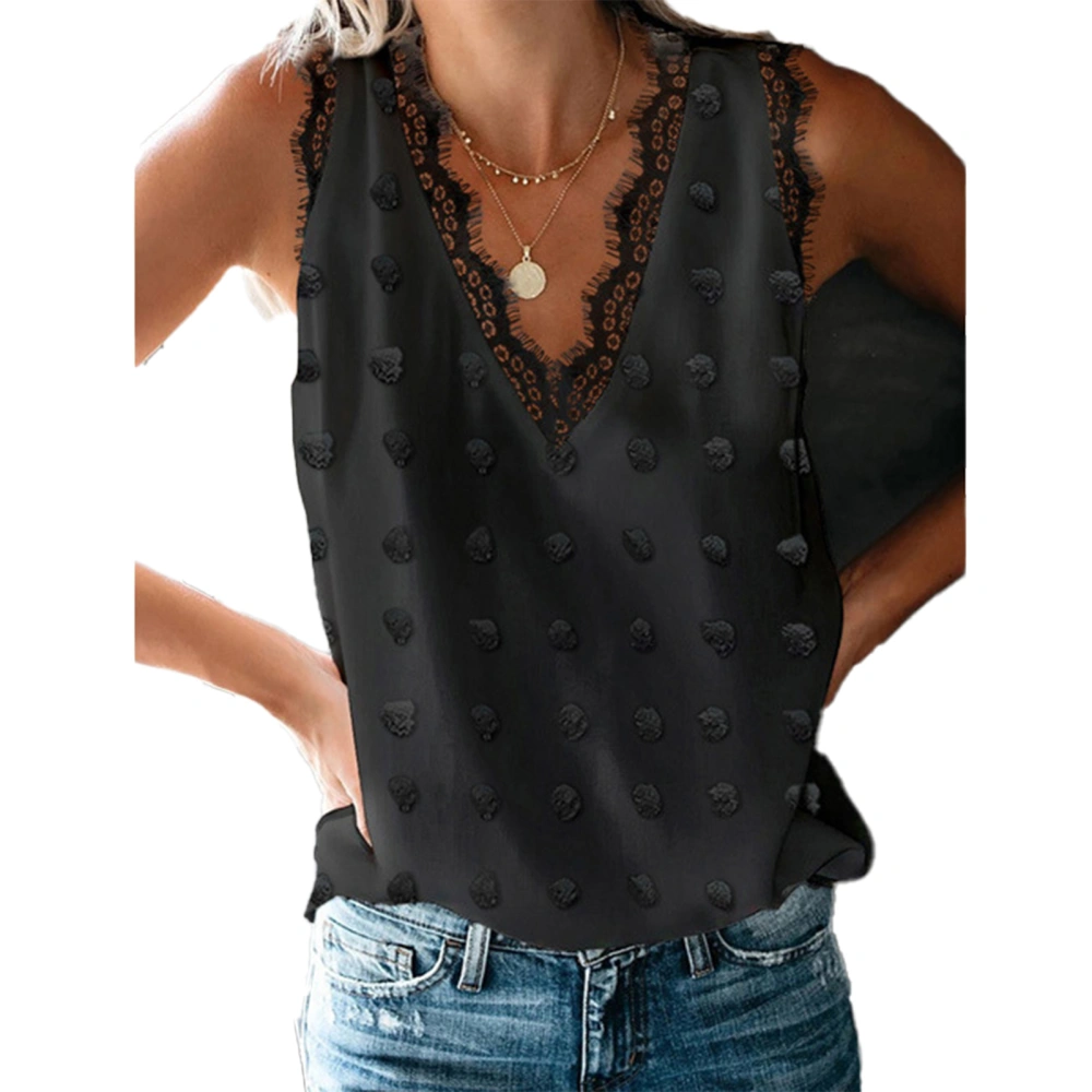 Women Lace V Neck Tank Tops Summer Fashion Dot Jacquard Women Summer Sleeveless Blouse Top for Daily Date Travel Party Black M