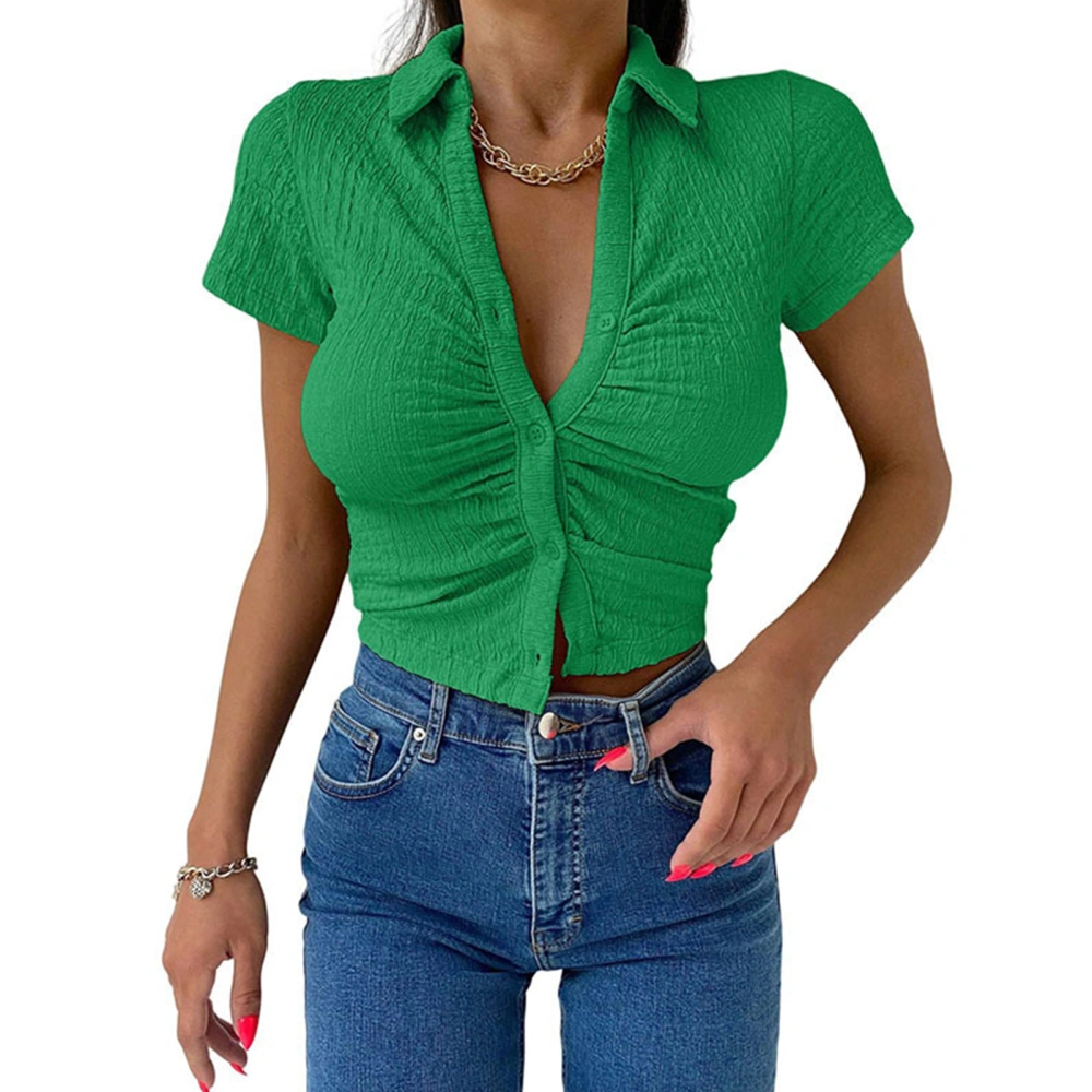 Women Short Sleeve Tight Slim Design Lapel Button Up Fashionable Top for Office Dating Party Shopping Green S