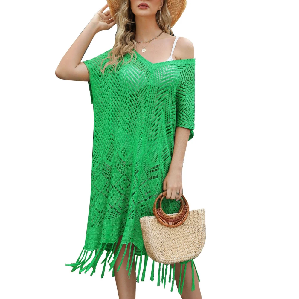 Women Swimsuits Cover Up Crochet Tassel Hollow Out Bathing Suit Bikini Coverup Beach Dress Green Free Size