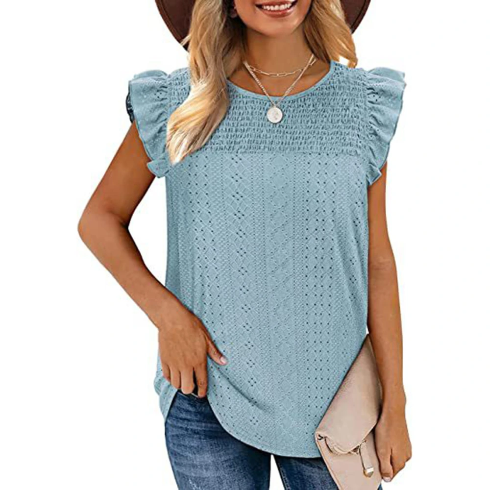 Women Ruffle Sleeve Top Round Neck Stylish Breathable Summer T Shirt Blouse for Everyday Wear Light Blue L