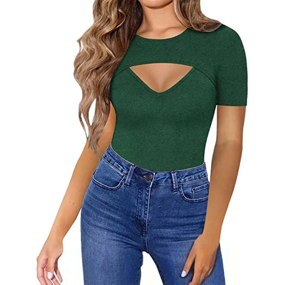 Women Cut Out Short Sleeve T Shirts Summer Fashion Casual Pure Color Women Slim Fit Short Sleeve Tops Dark Green S