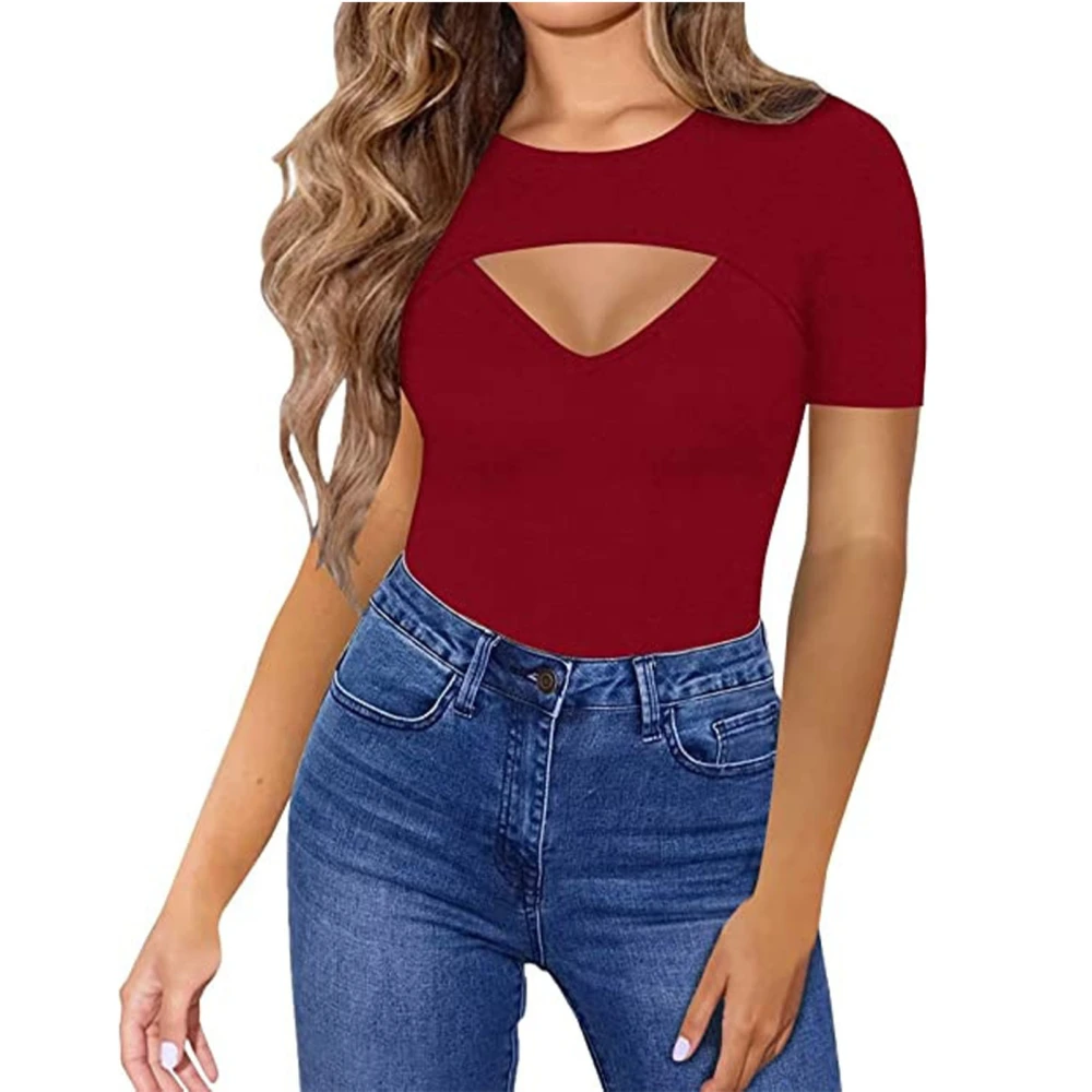 Women Cut Out Short Sleeve T Shirts Summer Fashion Casual Pure Color Women Slim Fit Short Sleeve Tops Wine Red L