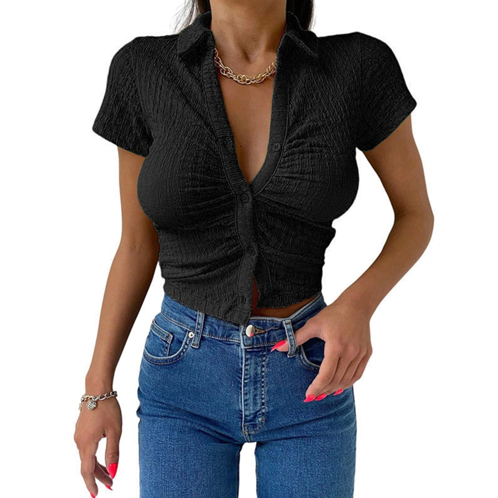 Women Short Sleeve Tight Slim Design Lapel Button Up Fashionable Top for Office Dating Party Shopping Black XL