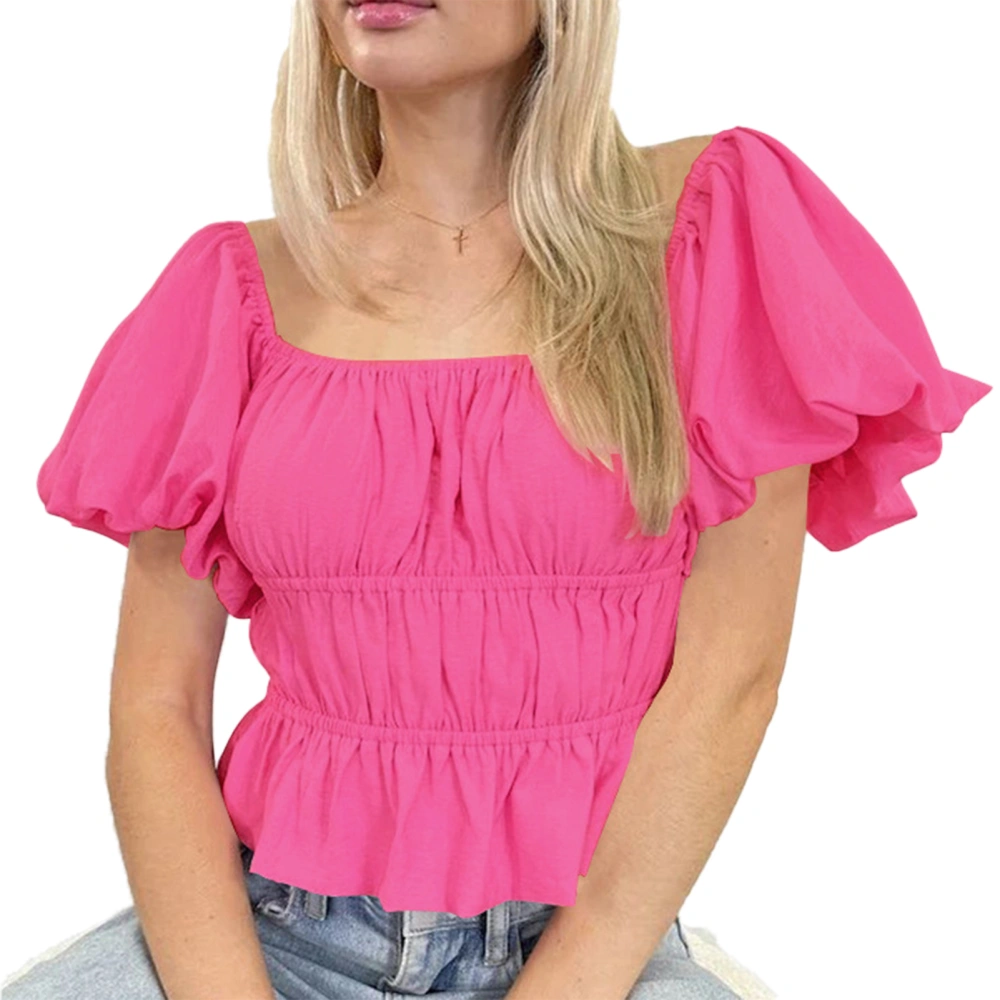 Off Shoulder Puff Sleeve Top Women Elegant Pure Color Ruffle Hem Pleated Elastic Waist Shirt Blouse Rose Red XL