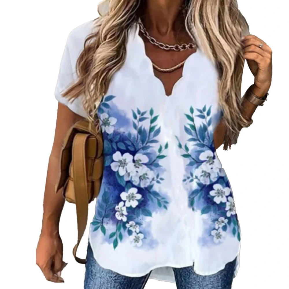 Women V Neck Top Short Sleeves Loose Fitting Beautiful Printing Casual Summer T Shirts Blue S