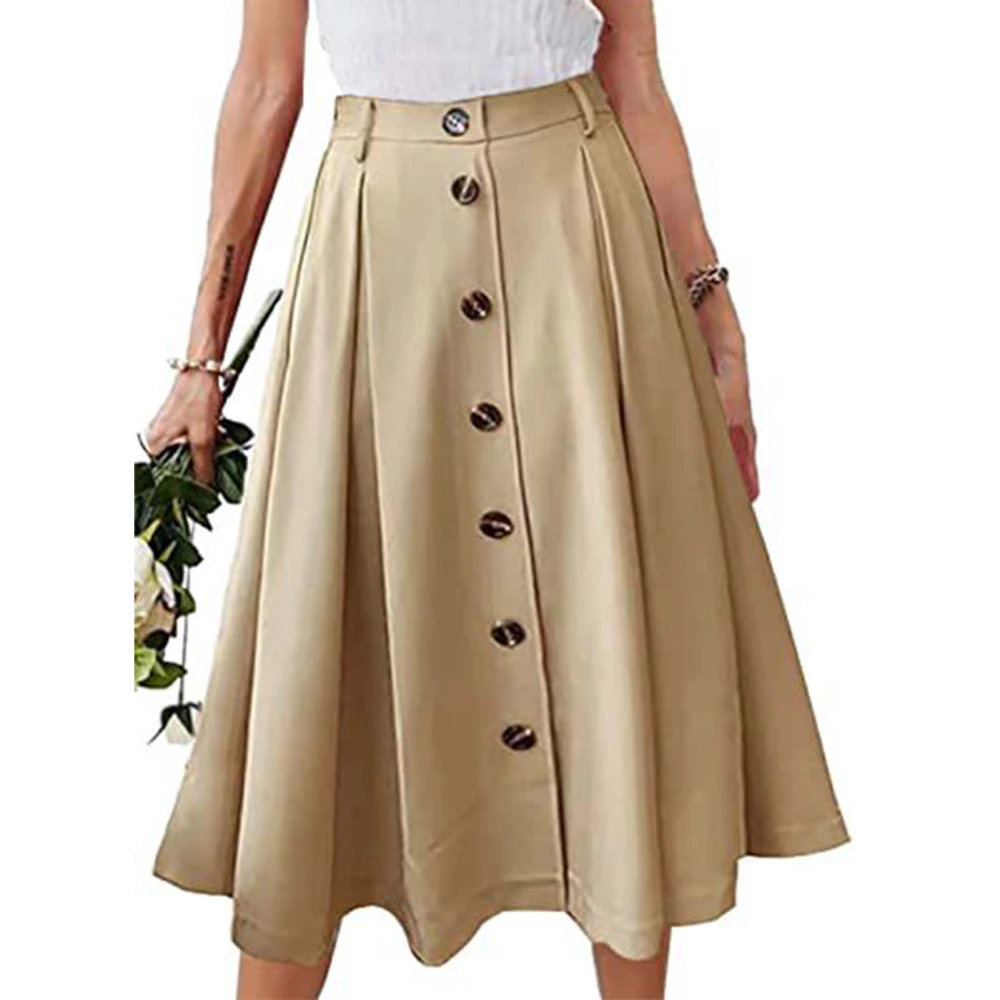 Pleated Long Skirt High Waisted Front Buttons Pure Color Pleated Skirt for Women Lady Dating Khaki XXL