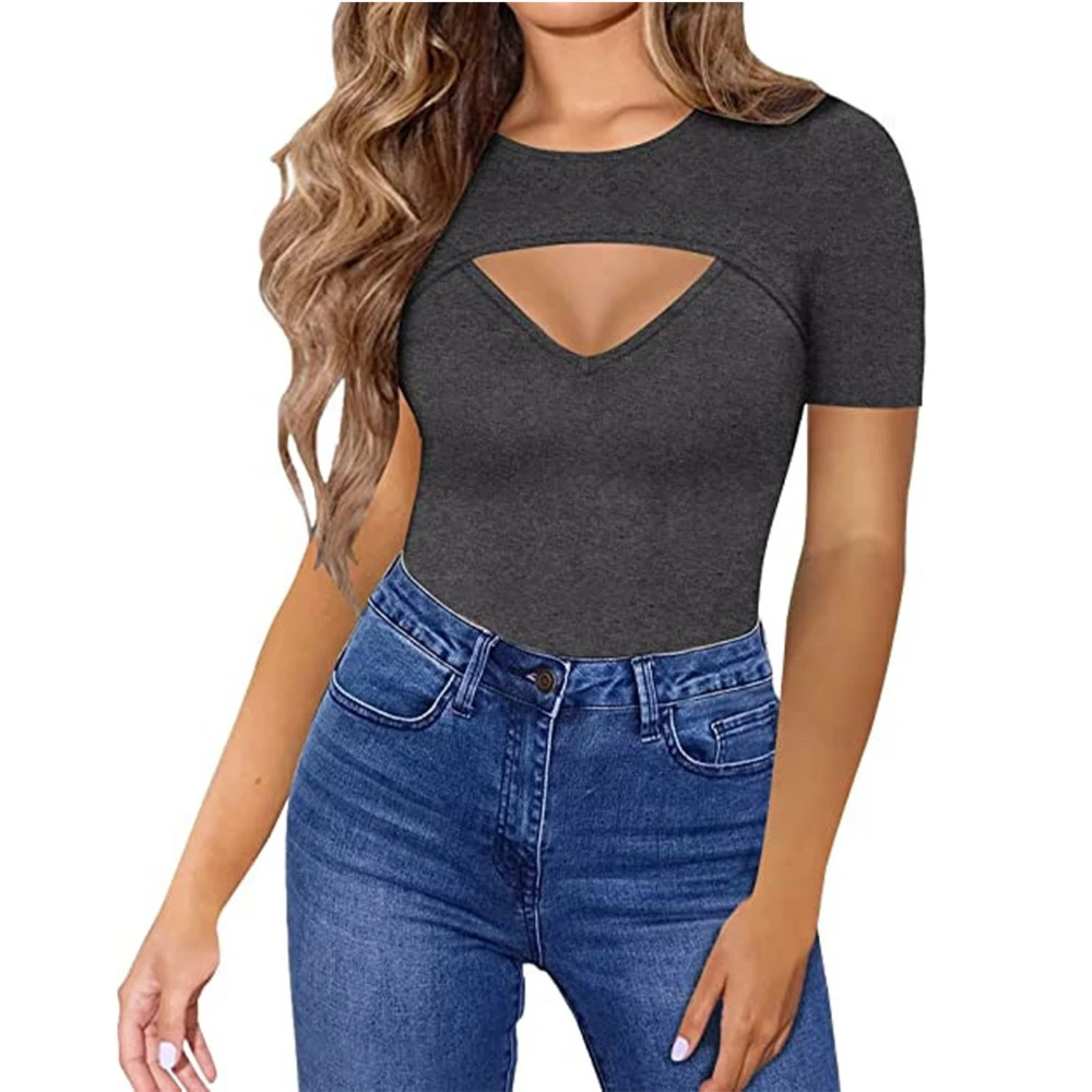 Women Cut Out Short Sleeve T Shirts Summer Fashion Casual Pure Color Women Slim Fit Short Sleeve Tops Dark Gray XL