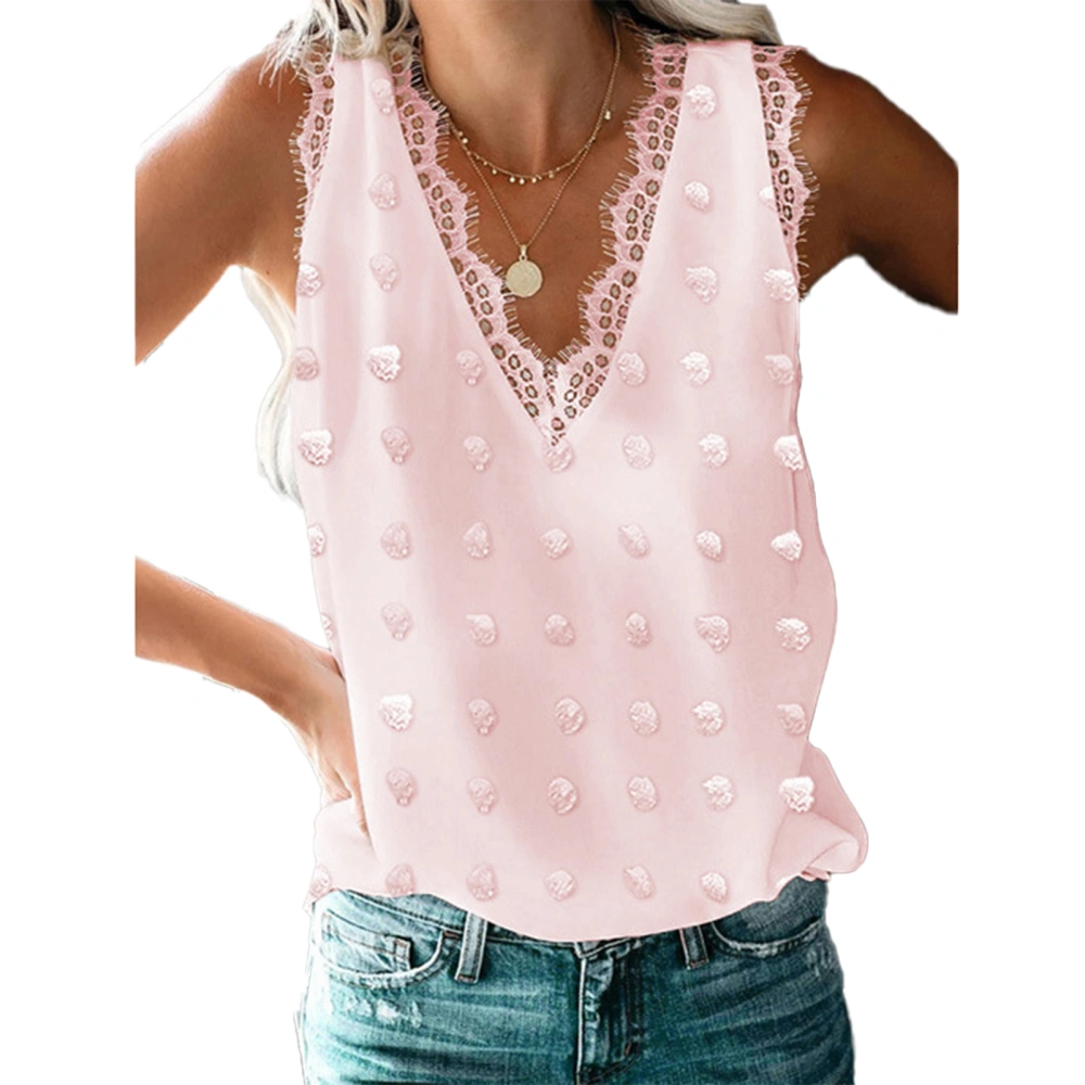 Women Lace V Neck Tank Tops Summer Fashion Dot Jacquard Women Summer Sleeveless Blouse Top for Daily Date Travel Party Pink XL