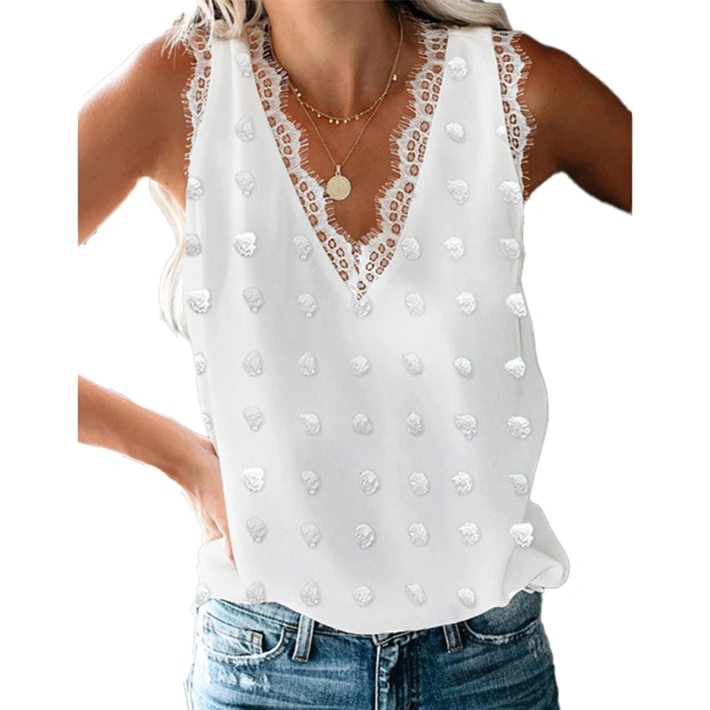 Women Lace V Neck Tank Tops Summer Fashion Dot Jacquard Women Summer Sleeveless Blouse Top for Daily Date Travel Party White XXL