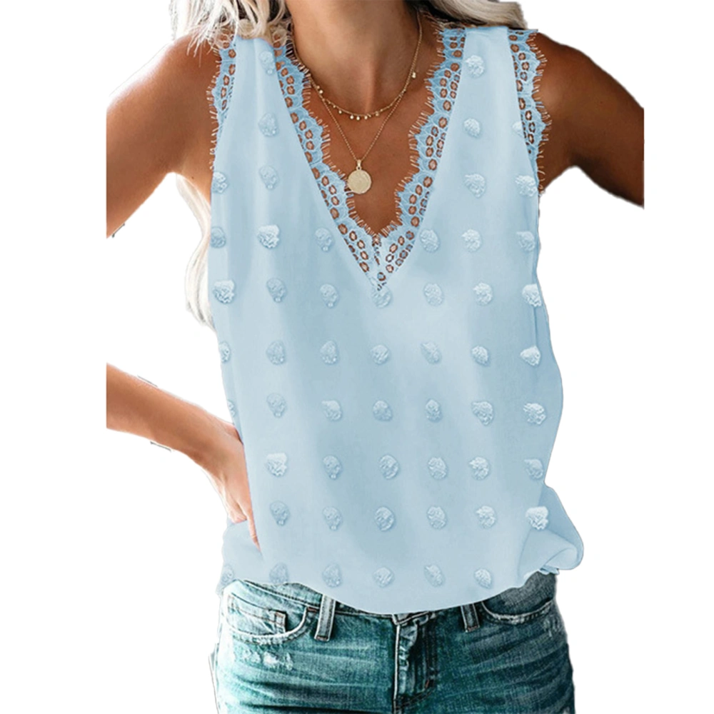 Women Lace V Neck Tank Tops Summer Fashion Dot Jacquard Women Summer Sleeveless Blouse Top for Daily Date Travel Party Blue XL