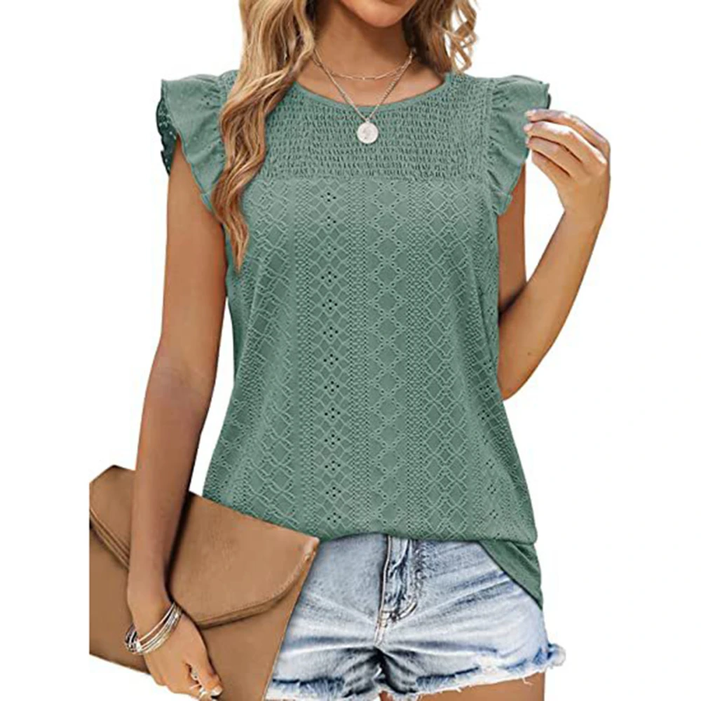 Women Ruffle Sleeve Top Round Neck Stylish Breathable Summer T Shirt Blouse for Everyday Wear Green M