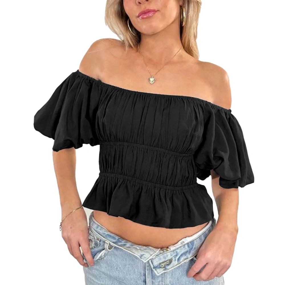 Off Shoulder Puff Sleeve Top Women Elegant Pure Color Ruffle Hem Pleated Elastic Waist Shirt Blouse Black S