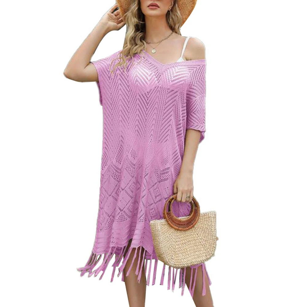 Women Swimsuits Cover Up Crochet Tassel Hollow Out Bathing Suit Bikini Coverup Beach Dress Rose Red Free Size