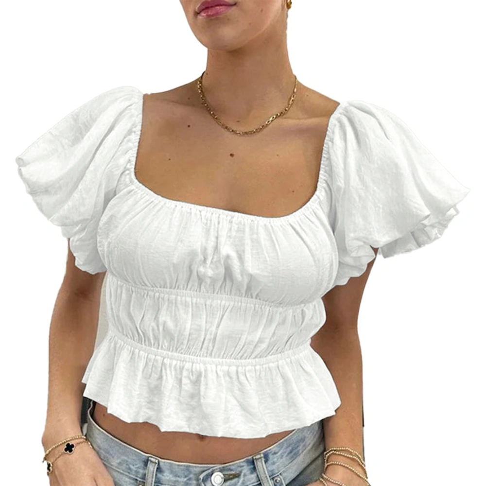 Off Shoulder Puff Sleeve Top Women Elegant Pure Color Ruffle Hem Pleated Elastic Waist Shirt Blouse White M