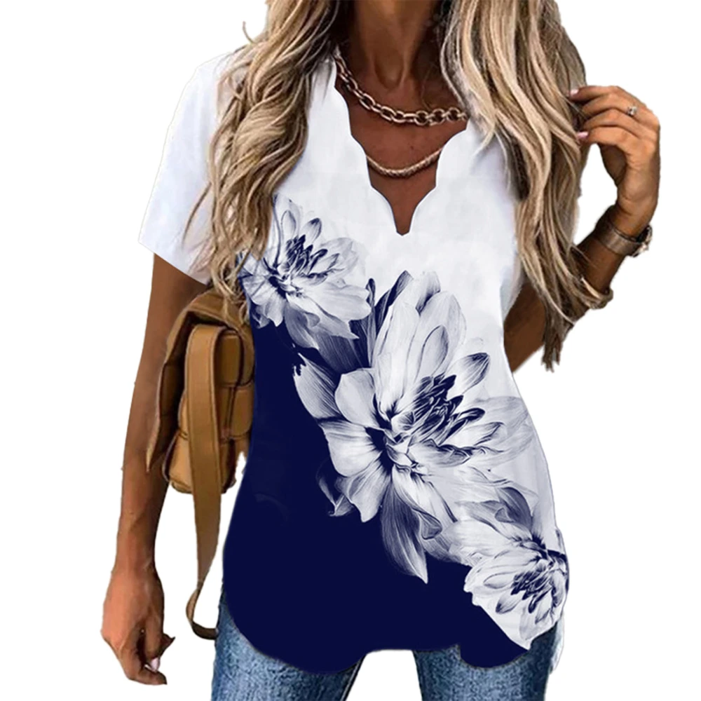 Women V Neck Top Short Sleeves Loose Fitting Beautiful Printing Casual Summer T Shirts Navy Blue Flowers XXL