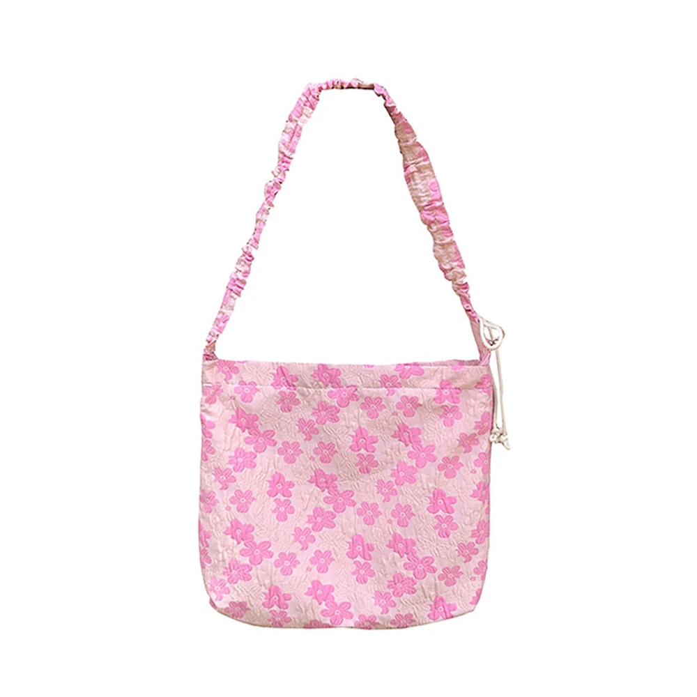 Students Canvas Bag Large Capacity Jacquard Flower Printing Single Shoulder Strap Cloth Bag Pink Free Size