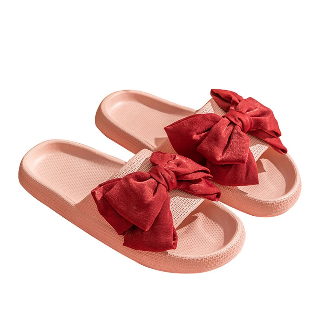 Cute Bow Slippers 3.5cm Thickness Bottom EVA Comfortable Slip Resistant Lightweight for Home Bathroom Red 38‑39 (about 250mm/9.84in)