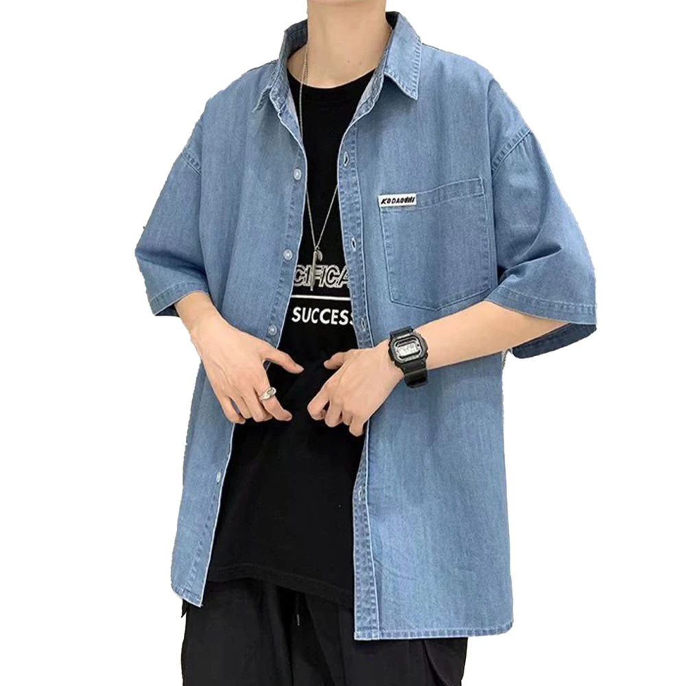 Men Denim Regular Fit Shirt Half Short Sleeve Vintage Turn Down Collar Plus Size Summer Top Light Blue L