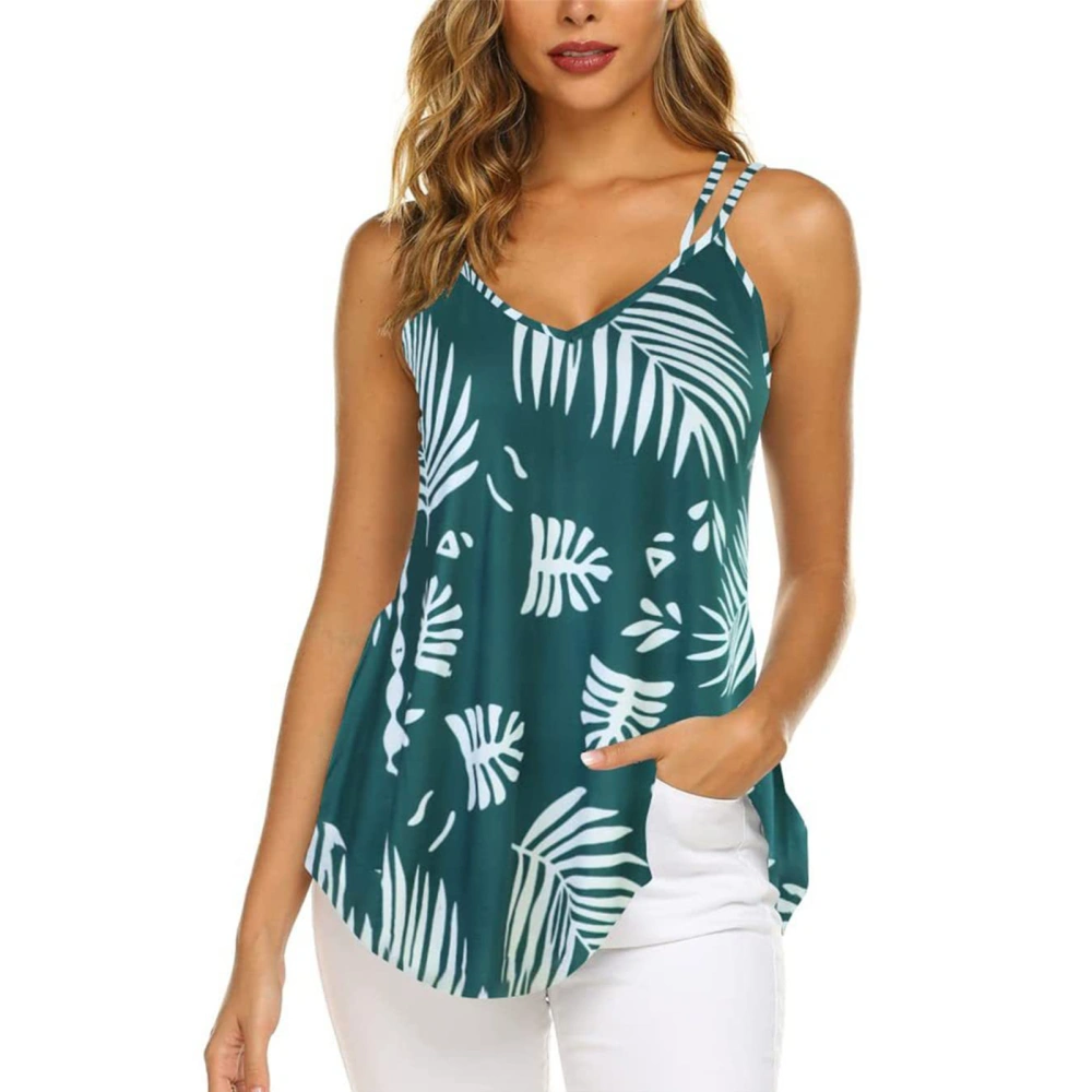 Women Double Spaghetti Strap Top V Neck Women Loose Sleeveless Blouse Top for Summer Daily Party Green Print L