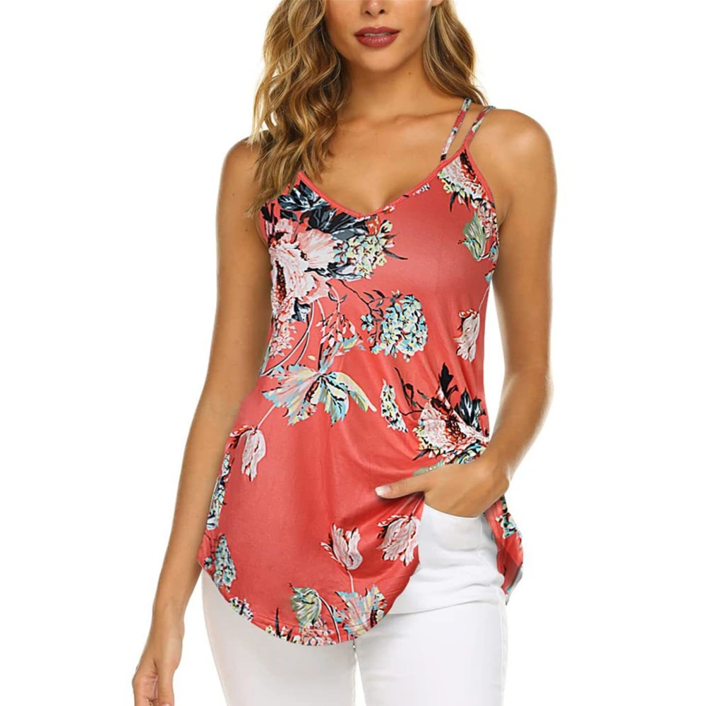 Women Double Spaghetti Strap Top V Neck Women Loose Sleeveless Blouse Top for Summer Daily Party Pink Print S