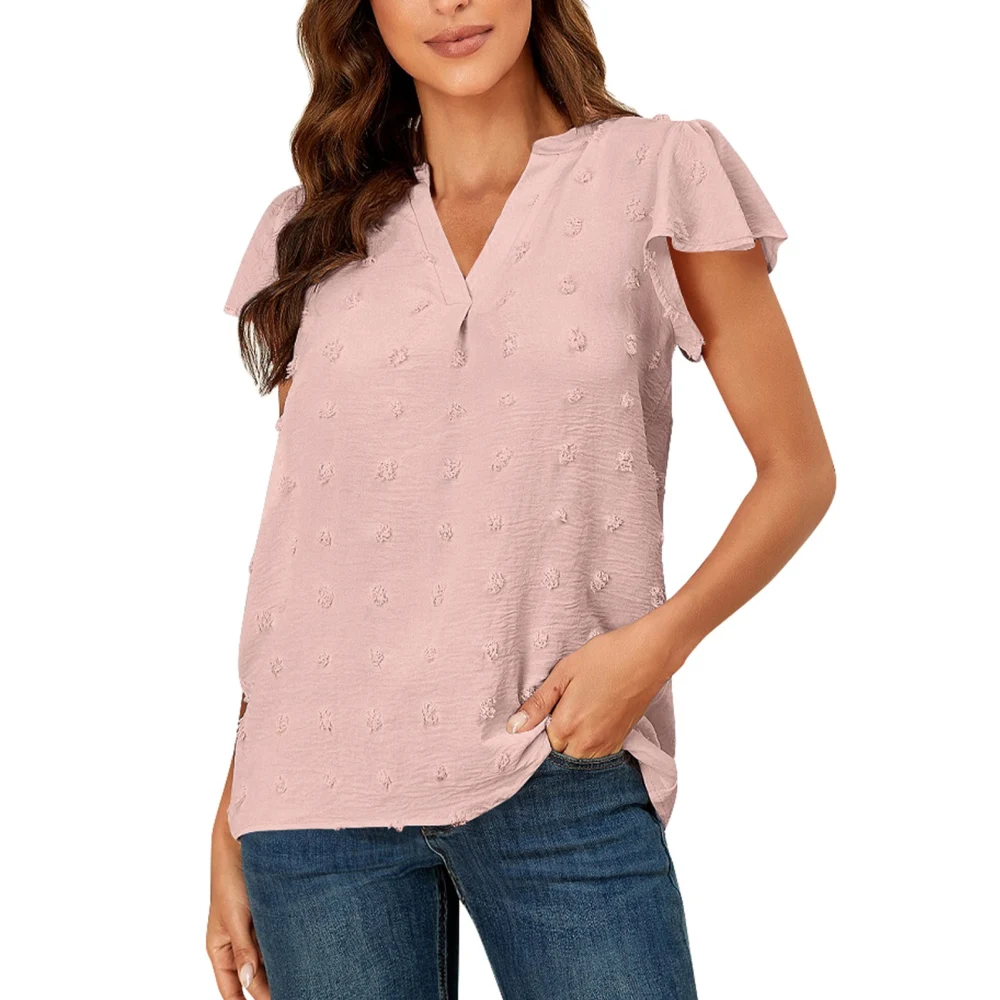 Jacquard Short Sleeve Blouse V Neck Ruffle Sleeved Casual Fitted Blouse Shirt for Women Lady Pink XXL