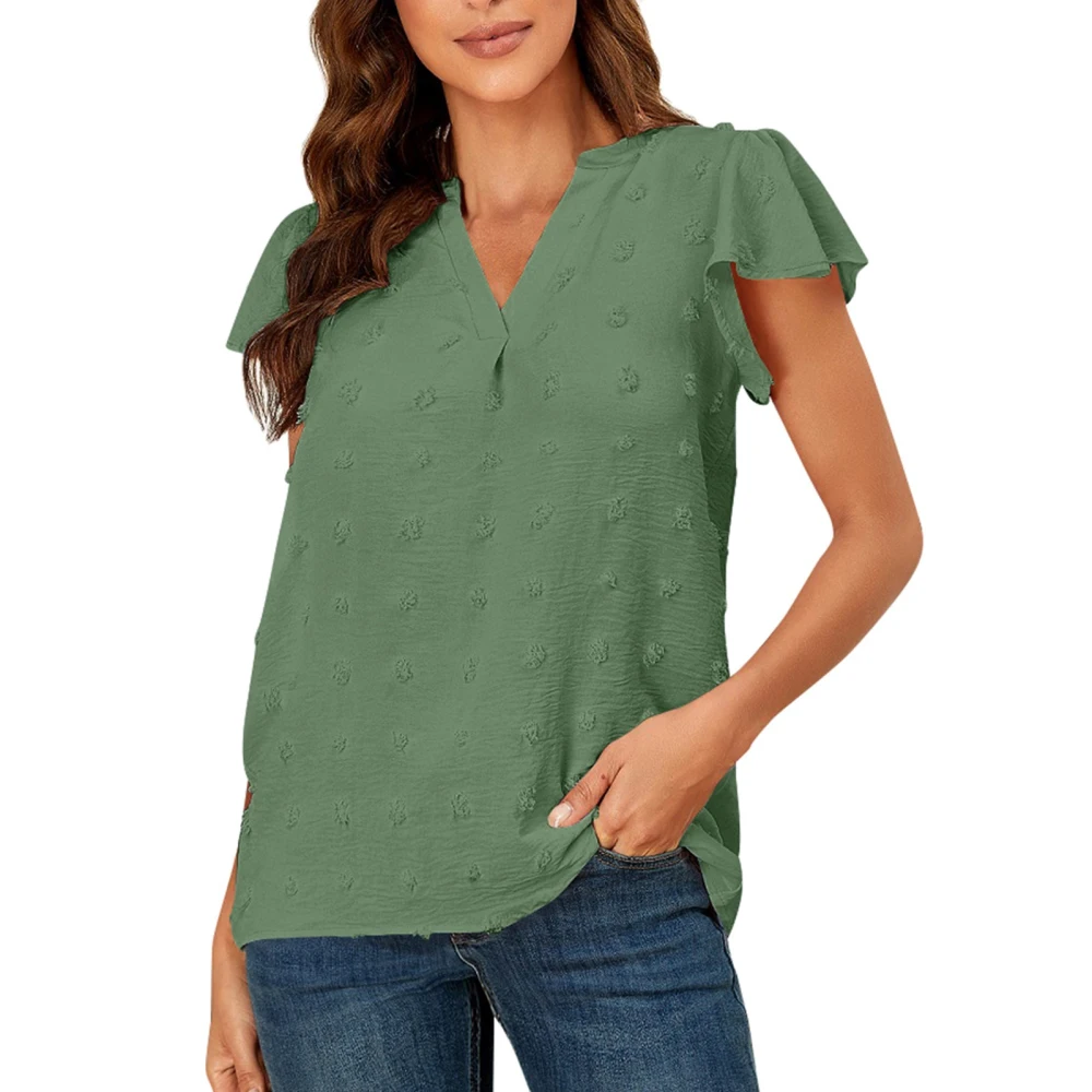 Jacquard Short Sleeve Blouse V Neck Ruffle Sleeved Casual Fitted Blouse Shirt for Women Lady Green L